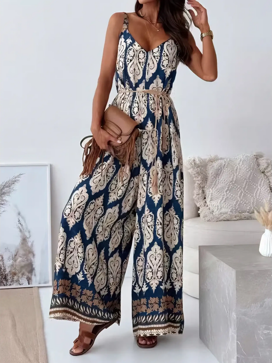 Trendsi Earth Toned Tropical Jumpsuit featuring wide-leg pants and intricate patterns perfect for summer
