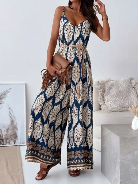 Trendsi Earth Toned Tropical Jumpsuit featuring wide-leg pants and intricate patterns perfect for summer