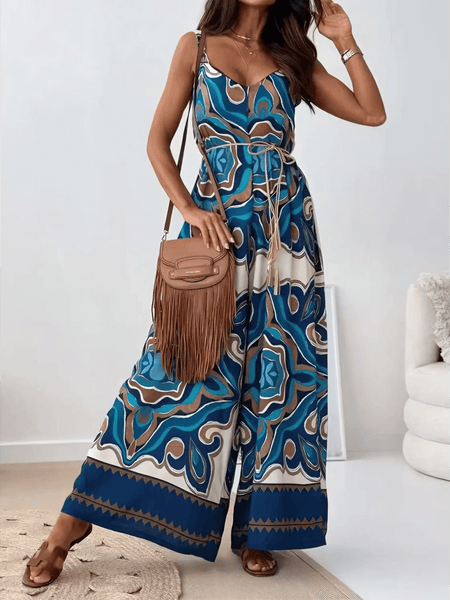 Trendsi Earth Toned Tropical Jumpsuit with blue and brown pattern, sleeveless design, and wide-leg fit