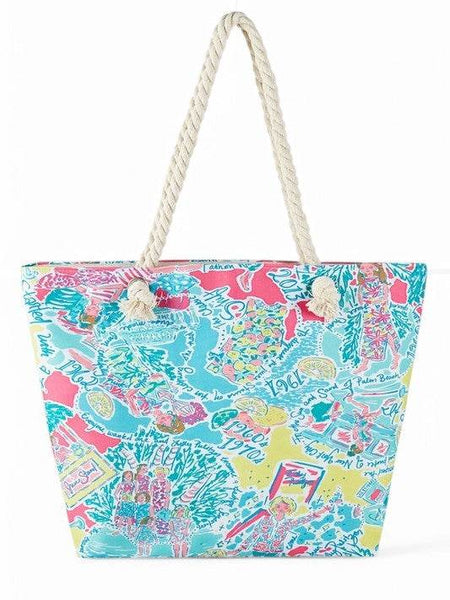 Babe Beachwear easy to pack summer beach bag with colorful tropical print and rope handles