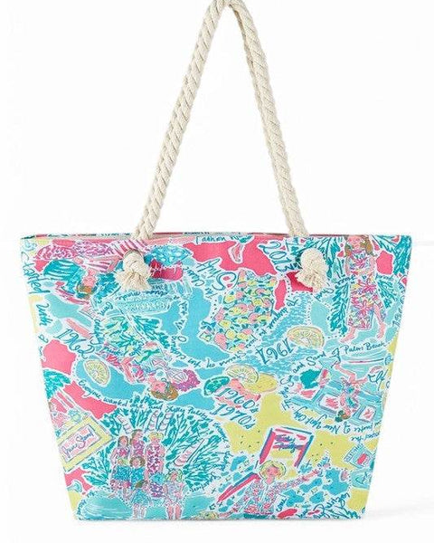 Babe Beachwear easy to pack summer beach bag with colorful tropical print and rope handles