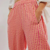 Trendsi pink and yellow checkered elastic waist beach pants with side pockets