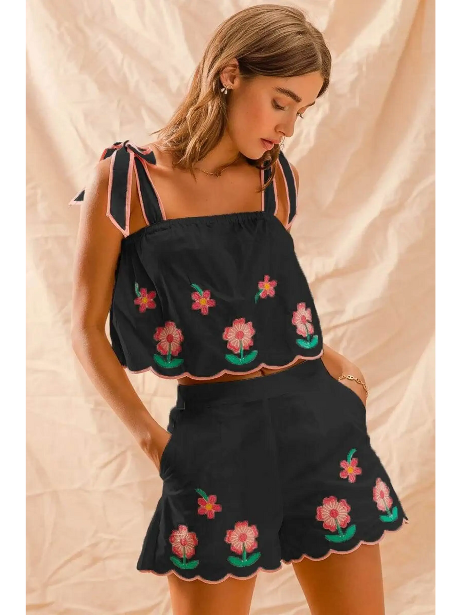 Babe Beachwear embroidered tank top and shorts set in black with floral embroidery and scalloped edges