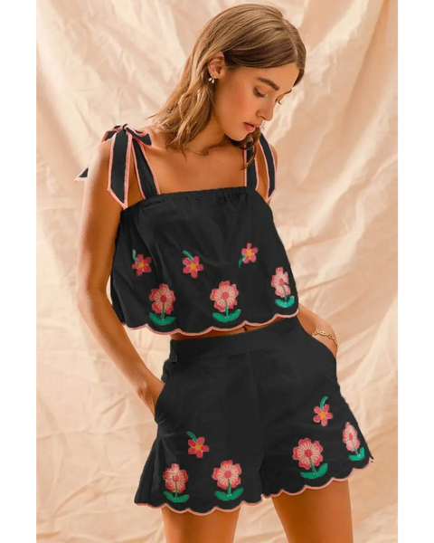 Babe Beachwear embroidered tank top and shorts set in black with floral embroidery and scalloped edges