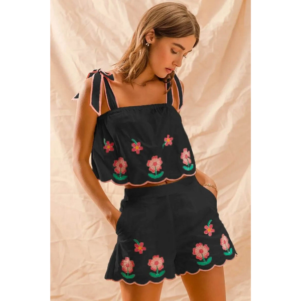 Babe Beachwear embroidered tank top and shorts set in black with floral embroidery and scalloped edges