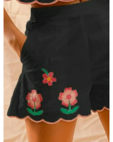 Babe Beachwear black shorts with pink embroidered floral design on scalloped hem embroidered tank top and shorts set