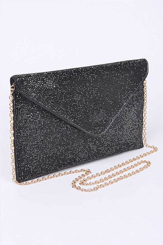 Babe Beachwear Evening Clutch Rhinestones black envelope bag with gold chain strap