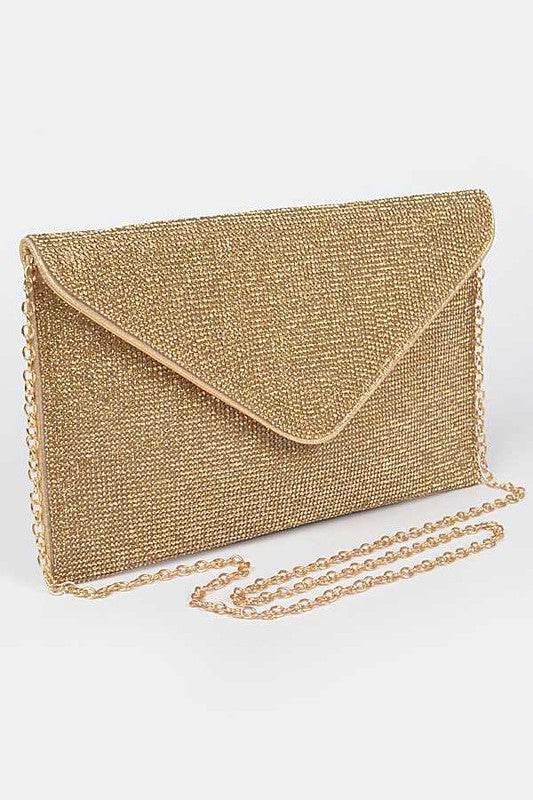 Babe Beachwear Evening Clutch Rhinestones gold glitter envelope bag with chain strap