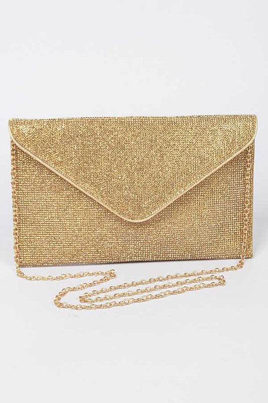 Gold Babe Beachwear Evening Clutch Rhinestones with elegant chain strap for formal occasions
