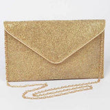 Gold Babe Beachwear Evening Clutch Rhinestones with elegant chain strap for formal occasions