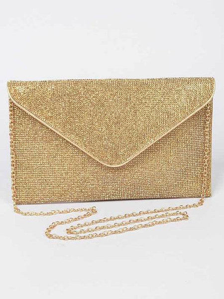 Gold Babe Beachwear Evening Clutch Rhinestones with elegant chain strap for formal occasions