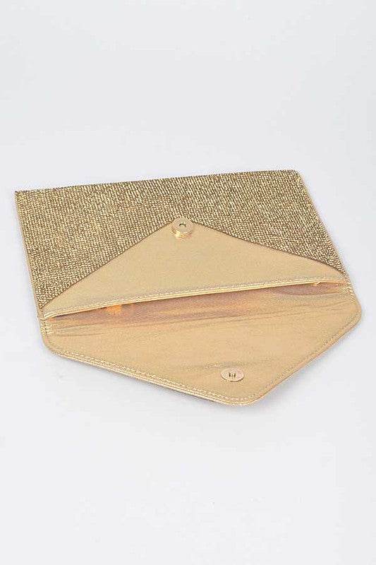 Babe Beachwear Evening Clutch Rhinestones gold envelope-style bag with snap closure open view