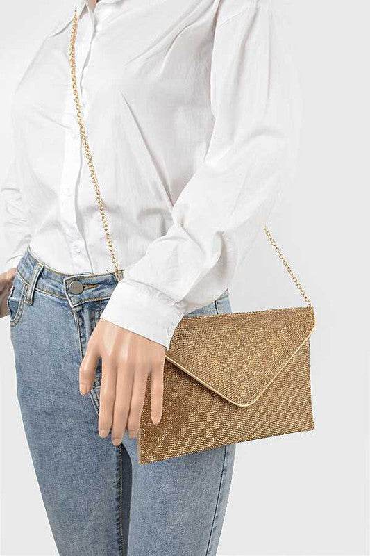 Babe Beachwear Evening Clutch Rhinestones gold envelope bag with chain strap worn on model