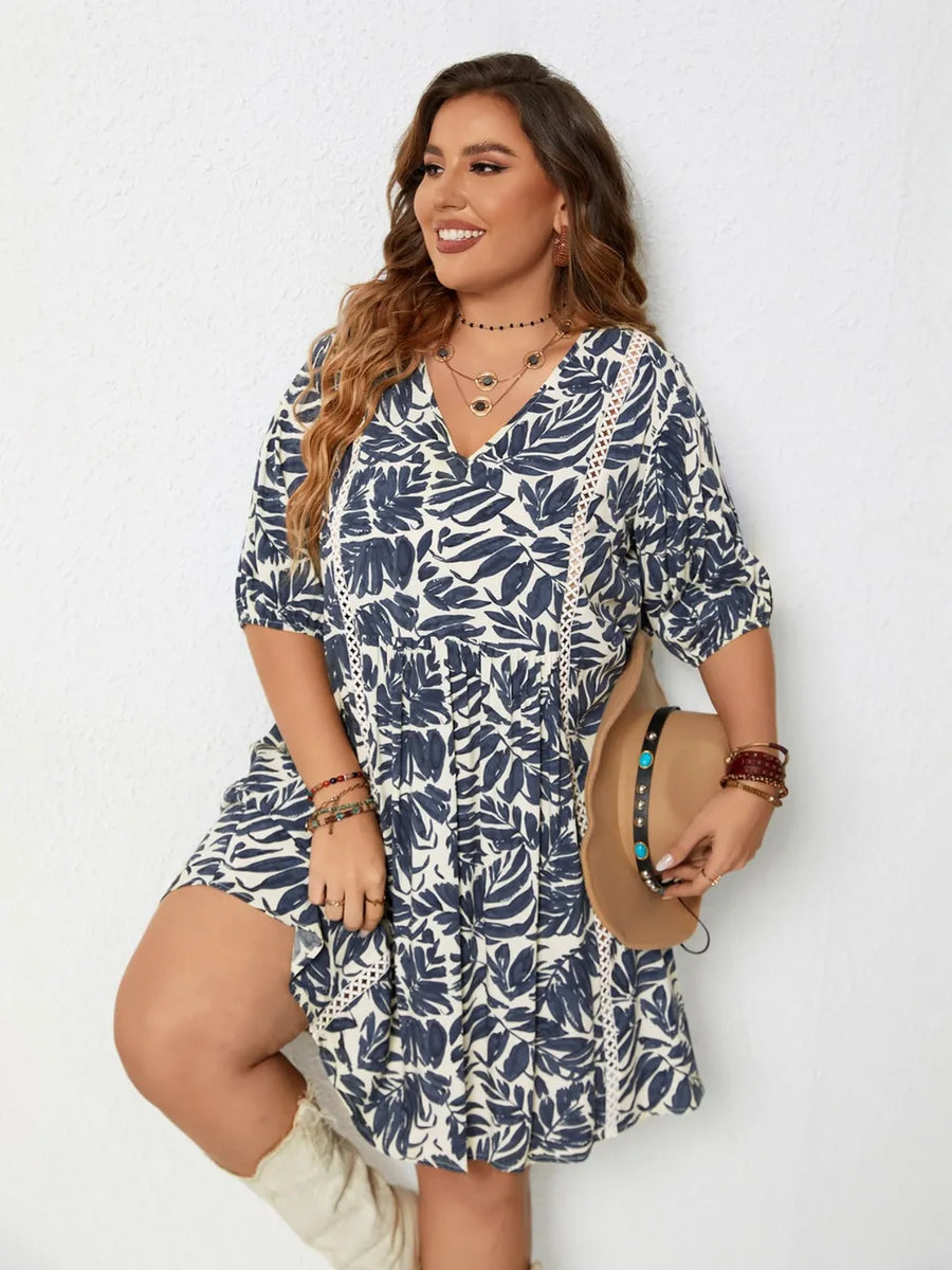Plus Size Printed V-Neck Half Sleeve Mini Dress - Beach Babes Beachwear - Fort Lauderdale