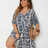 Plus Size Printed V-Neck Half Sleeve Mini Dress - Beach Babes Beachwear - Fort Lauderdale