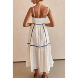Trendsi white contrast trim midi dress with blue edging and adjustable shoulder straps