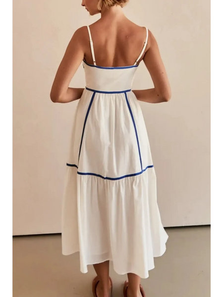 Trendsi white contrast trim midi dress with blue edging and adjustable shoulder straps