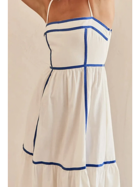 Trendsi white contrast trim midi dress with blue piping and spaghetti straps