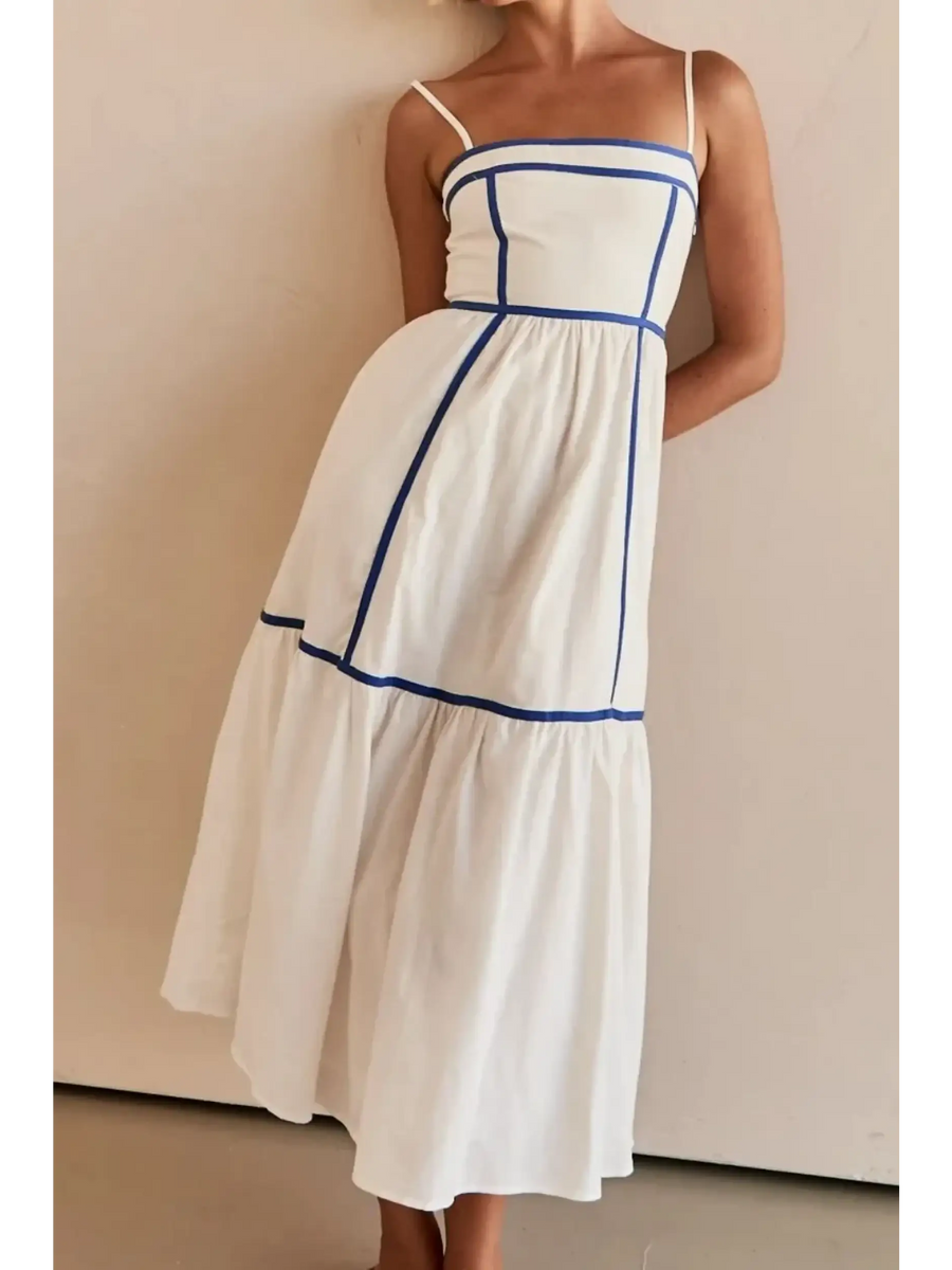 Trendsi white midi dress with blue contrast trim midi dress and thin shoulder straps