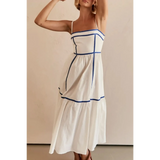 Trendsi white contrast trim midi dress with blue piping and thin straps for elegant summer wear