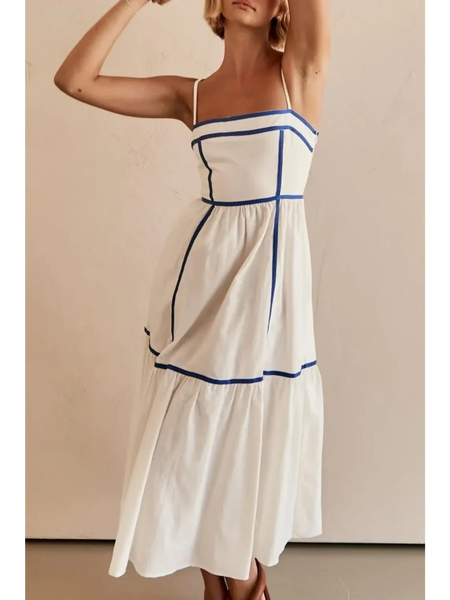 Trendsi white contrast trim midi dress with blue piping and thin straps for elegant summer wear
