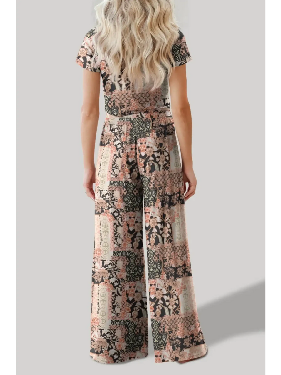 Trendsi floral print pants set with wide-leg pants and short sleeve crop top from back