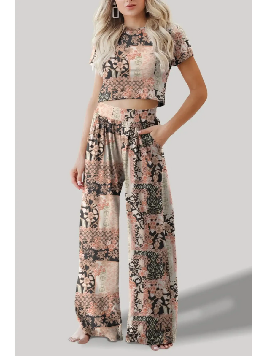 Trendsi patterned turquoise crop top pants set with short sleeves and wide-leg pants