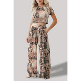 Trendsi patterned turquoise crop top pants set with short sleeves and wide-leg pants