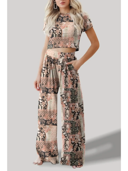 Trendsi patterned turquoise crop top pants set with short sleeves and wide-leg pants