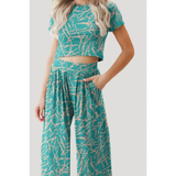 Trendsi turquoise crop top pants set with abstract pattern and relaxed fit pockets