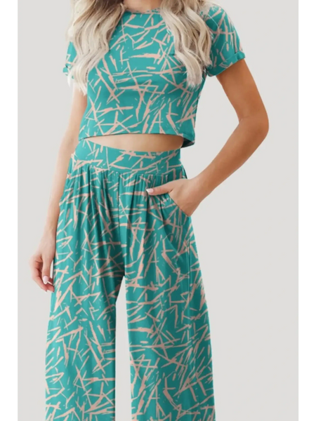 Trendsi turquoise crop top pants set with abstract pattern and relaxed fit pockets
