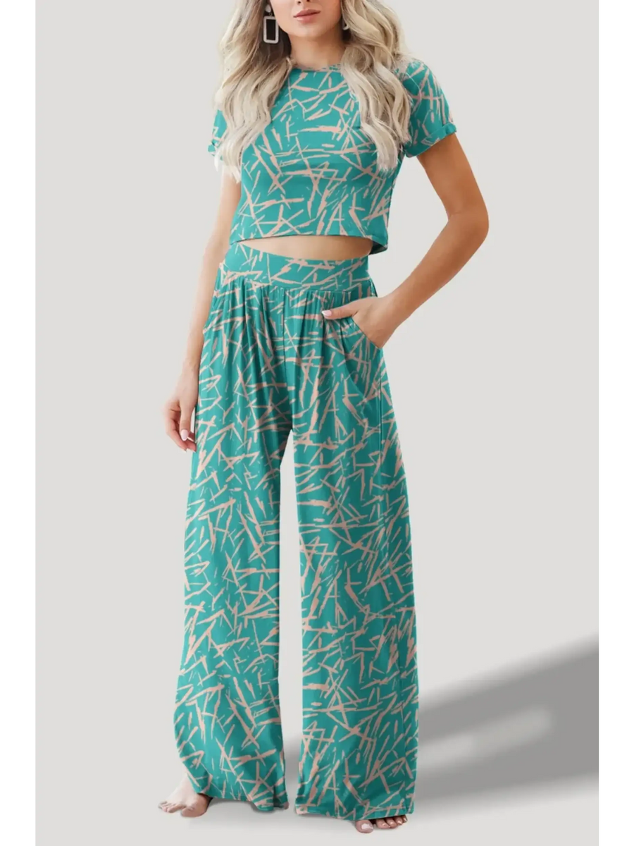 Turquoise crop top pants set with abstract print featuring short sleeve crop top and wide-leg pants