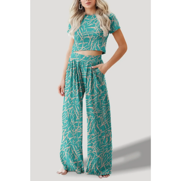Turquoise crop top pants set with abstract print featuring short sleeve crop top and wide-leg pants
