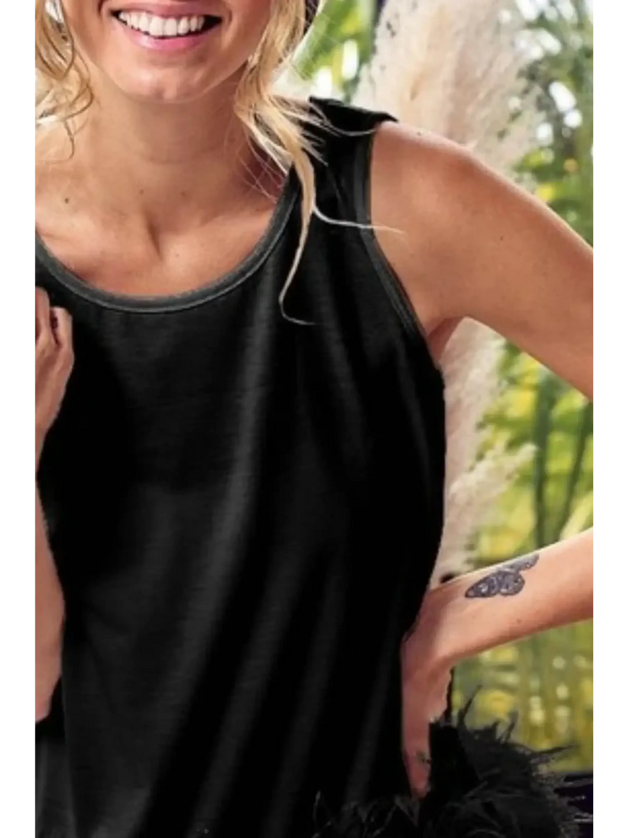 Trendsi black faux feather tank top for women featuring sleeveless design and soft fabric
