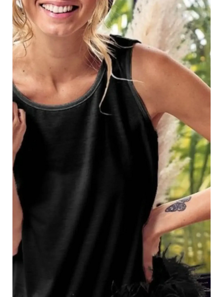 Trendsi black faux feather tank top for women featuring sleeveless design and soft fabric