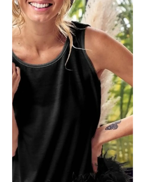 Trendsi black faux feather tank top for women featuring sleeveless design and soft fabric