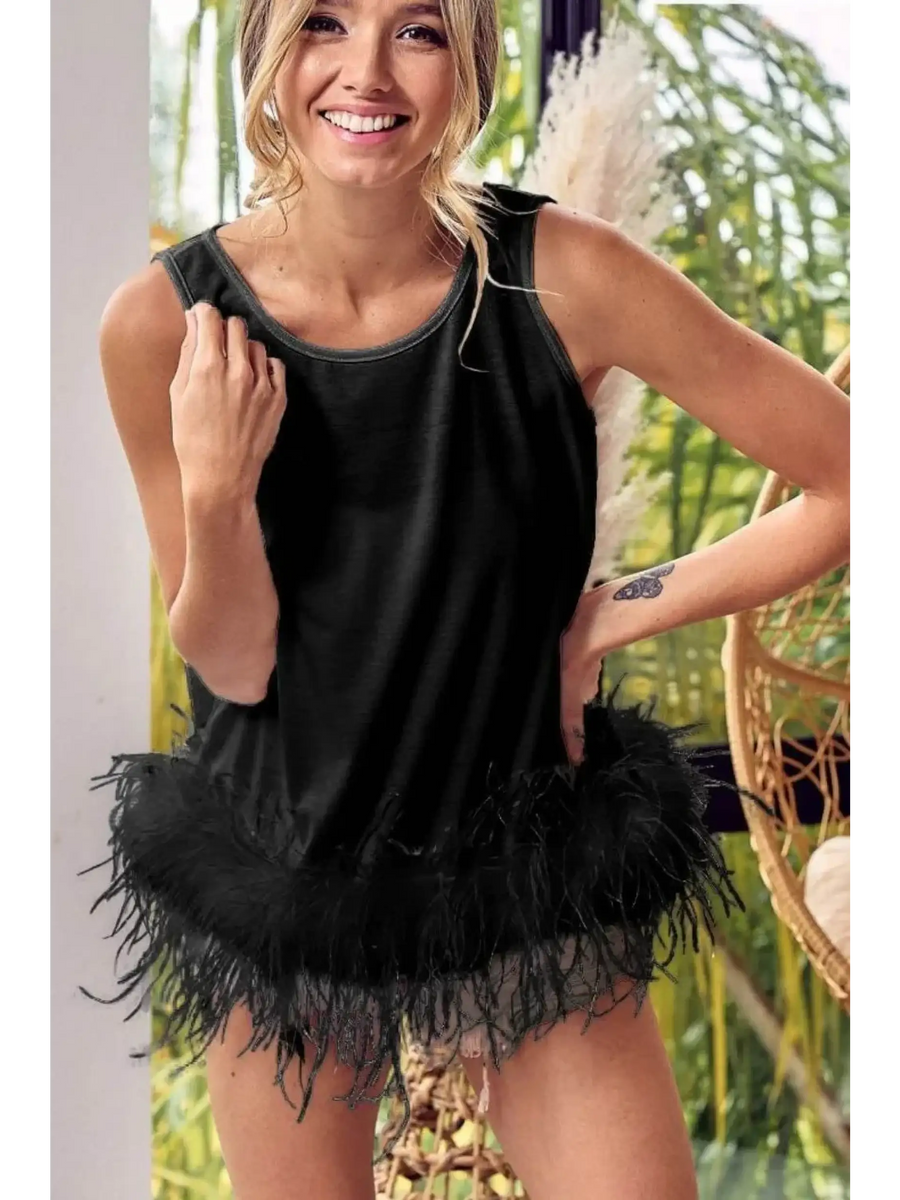 Trendsi black faux feather tank top for women with feather trim hem styled on smiling model