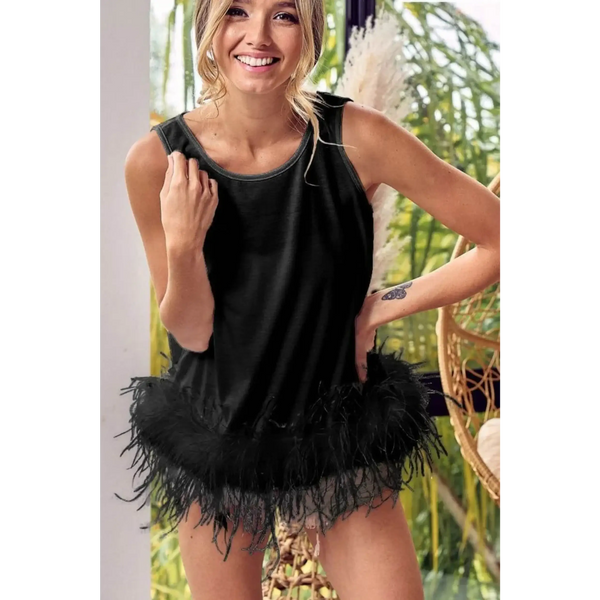 Trendsi black faux feather tank top for women with feather trim hem styled on smiling model