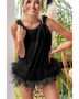 Trendsi black faux feather tank top for women with feather trim hem styled on smiling model