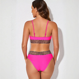Trendsi fierce pink bikini for beach with leopard print trim on straps and waistband