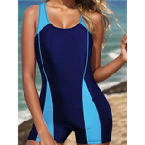 Trendsi figure flattering swimsuit for women in navy and light blue with a sporty design at the beach
