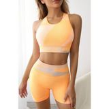 Babe Beachwear color block sports bra and shorts set in yellow and beige sporty design