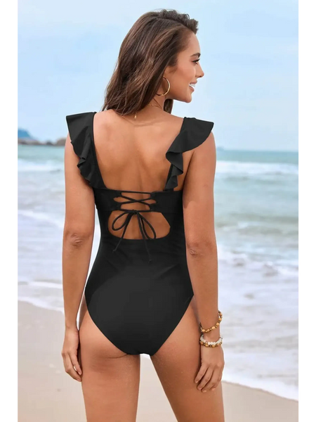 Babe Beachwear flattering one piece swimwear in black with ruffle straps and lace-up back design