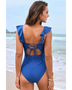 Back view of Babe Beachwear flattering one piece swimwear in blue with ruffle straps and lace-up detail