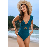 Babe Beachwaer teal flattering one piece swimwear with ruffle neckline and belt detail on beach