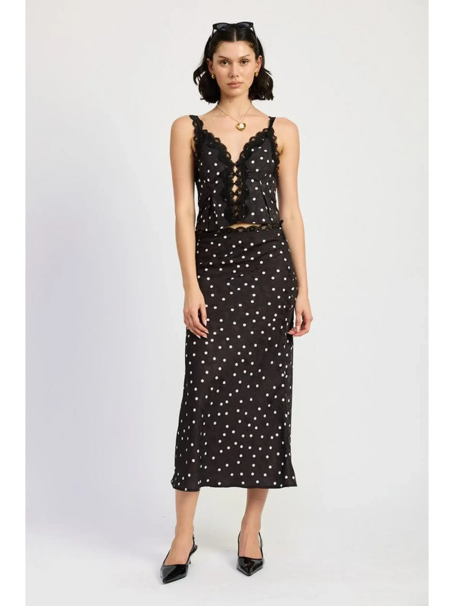 Emory Park flattering polka dot cami for women styled with matching polka dot skirt and black heels