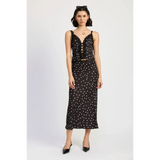 Emory Park flattering polka dot cami for women styled with matching polka dot skirt and black heels