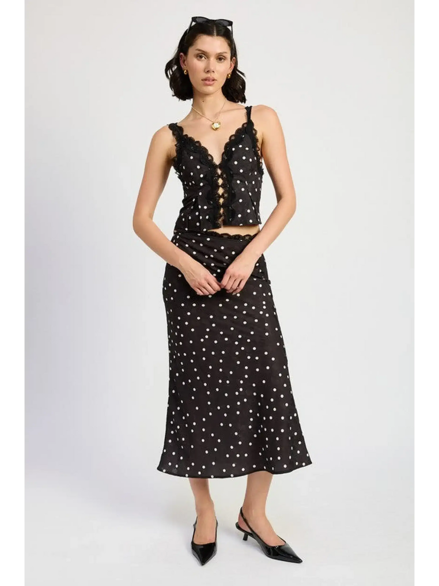 Emory Park flattering polka dot cami for women in black with white dots paired with matching skirt