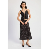 Emory Park flattering polka dot cami for women in black with white dots paired with matching skirt