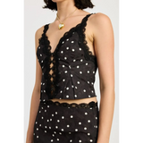 Emory Park flattering polka dot cami for women in black with white dots and lace trim